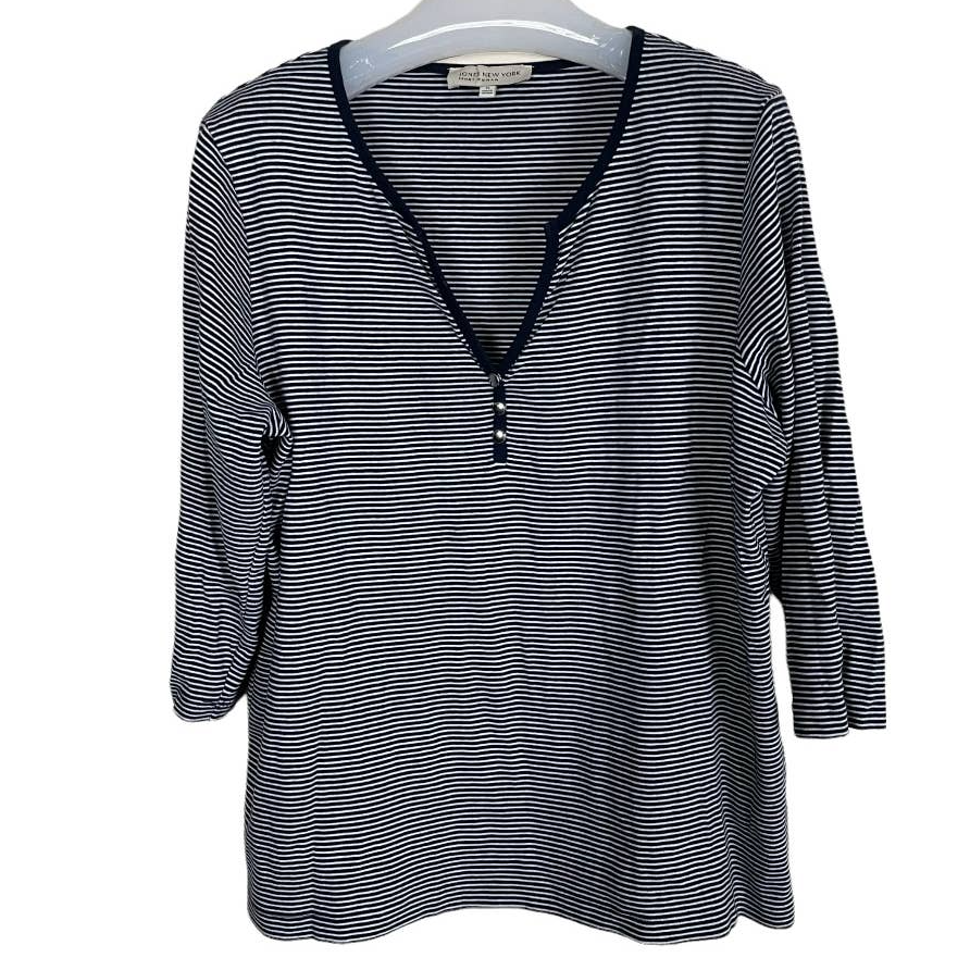Jones New York Striped Button V-Neck Pullover Top Size 1x